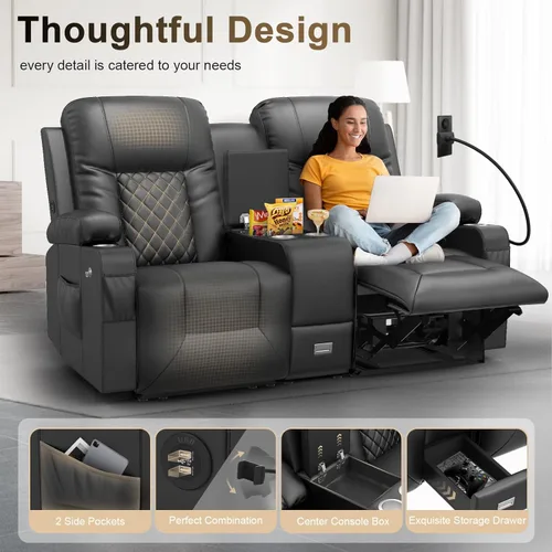 Miniatura 4 de YONISEE Sofá reclinable grande de dos plazas, sofá reclinable con consola de almacenamiento, silla reclinable con puertos USB, 2 soportes
