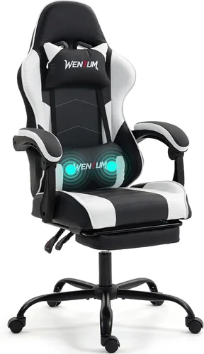 Silla de juegos con reposapiés para adultos, silla de videojuegos de piel sintética con soporte lumbar de masaje para hombres y mujeres, silla de