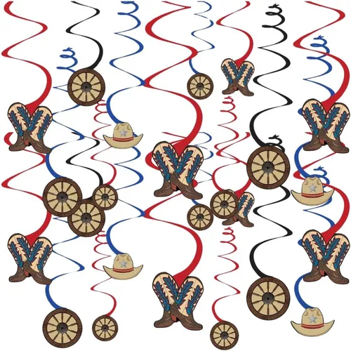 Decoraciones de remolinos colgantes para fiestas occidentales, 5 y 7 pulgadas (paquete de 12) – Remolino rojo y azul con recortes de vaquero –