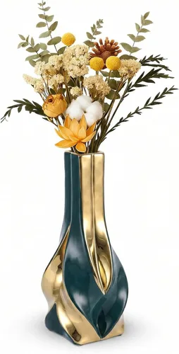 Jarrón de cerámica verde y dorado de 10.6 pulgadas, moderno jarrón de flores geométrico para centro de mesa de comedor, elegante jarrón decorativo