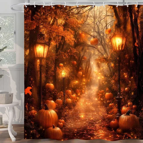 Miniatura 17 de Autumn Pumpkin Shower Curtain, Fall Farmhouse Bathroom Curtain, Thanksgiving Harvest Sunflower Maple Leaves Country Road Waterproof Polyester Fabric
