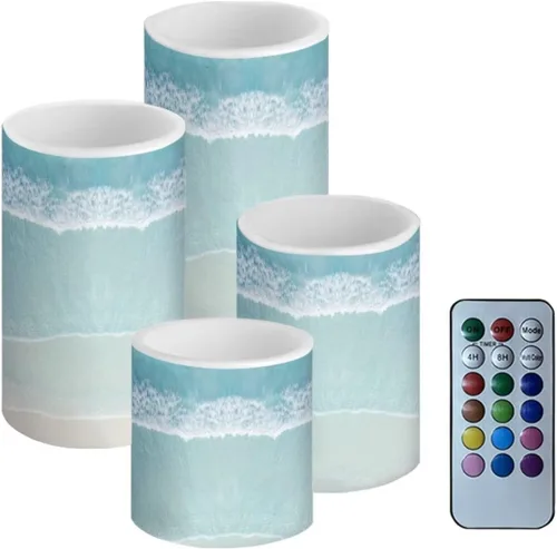 Miniatura 42 de Velas LED parpadeantes operadas por batería, juego de 4 con control remoto y temporizador, velas de llama danzante, velas de pilar para mesa, Playa