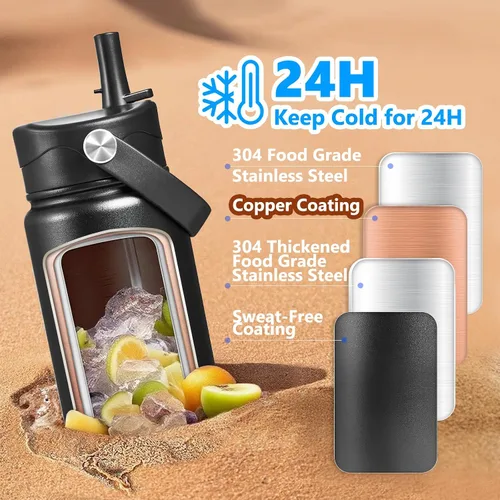 Miniatura 2 de Botella de agua aislada con tapa, bota y calcomanías, botella de acero inoxidable de 24 onzas, sin sudor, mantiene el frío las 24 horas, botella