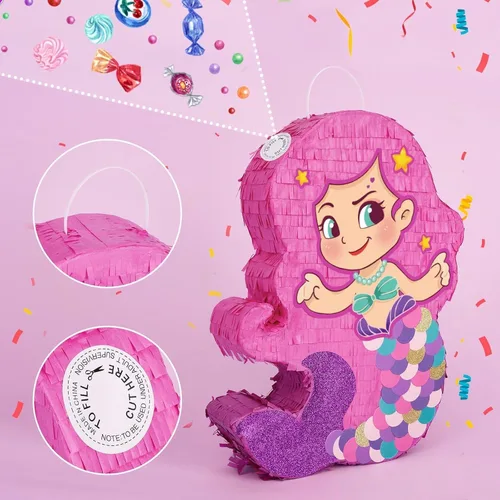 Miniatura 4 de WERNNSAI - Piñata de sirena con bate y venda para los ojos, juegos de fiesta de cumpleaños para niñas, aniversario, celebración, actividades