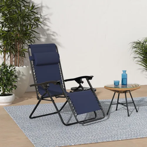 Miniatura 2 de Sillón de gravedad cero para exteriores con almohada y bandeja de utilidad, reclinable plegable para patio y playa (azul marino)