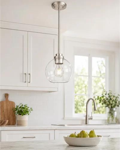 Miniatura 20 de Luces Colgantes de Latón para Isla de Cocina Paquete de 2, Luz Colgante Dorada Estilo Granja con Pantalla de Globo de Vidrio Transparente