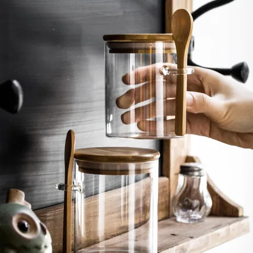 Miniatura 7 de MOLFUJ Recipiente de almacenamiento de vidrio transparente de 15 onzas con tapa hermética, pequeño recipiente decorativo con cuchara de madera