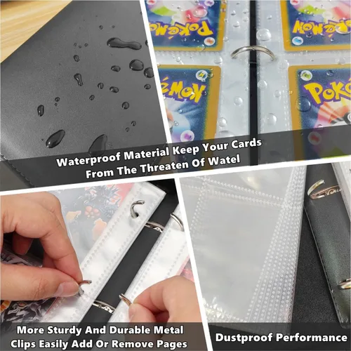 Miniatura 3 de Carpeta de tarjetas coleccionables de 4 bolsillos, 400 bolsillos para tarjetas de Pokémon con cremallera, 50 fundas compatible con tarjetas Negro