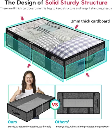 Miniatura 4 de Onlyeasy - Bolsas de almacenamiento de tela para debajo de la cama con 4 asas, 2 cierres y ventana transparente grande, para ropa, mantas, ropa