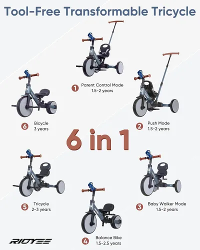 Miniatura 2 de RIDYEE Triciclo 5 en 1 para niños de 1.5 a 3 años, triciclo de dirección para padres, convertible sin herramientas para equilibrar la bicicleta, gris