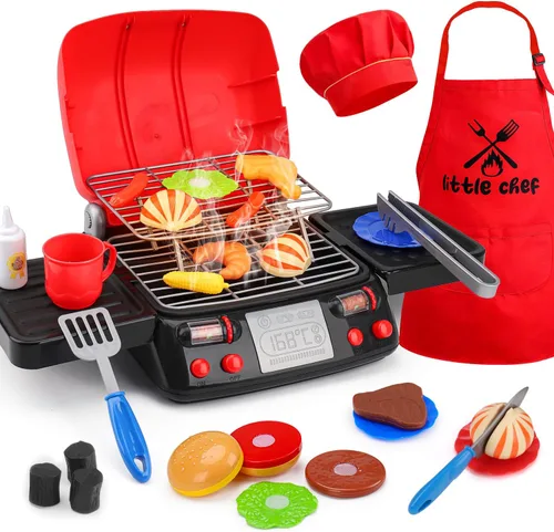 Juego de cocina de parrilla para niños con delantal y sombrero para juguetes de cocina, luz de humo para cocinar, accesorios de juego de simulación