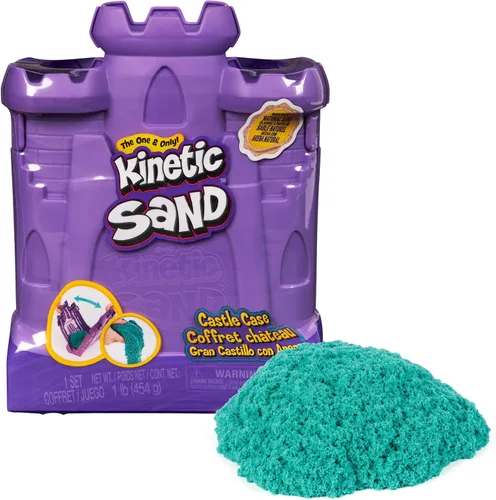 Kinetic Sand, Estuche de Castillo con 1 libra de arena de juego color turquesa y contenedor de almacenamiento, juguetes sensoriales, regalos de
