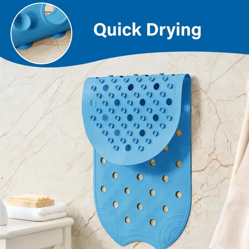 Miniatura 6 de Tapete de Goma para Bañera Tapete de Ducha Antideslizante, 31x14 Pulgadas, Tapete de Piso de Bañera con Ventosas y Orificios de Drenaje, Azul