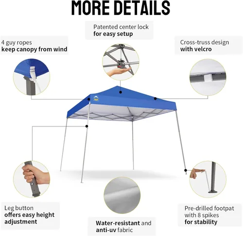 Miniatura 7 de CROWN SHADES - Toldo desplegable instantáneo con base patentada de 10 x 10 pies y parte superior de 8 x 8 pies, portátil, patas inclinadas