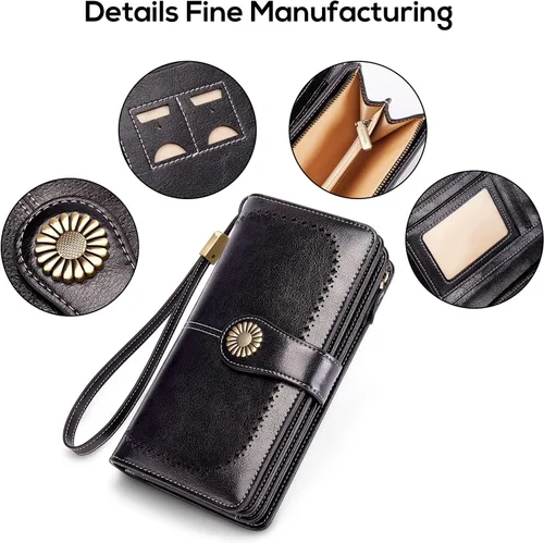 Miniatura 6 de INSIFEEL Carteras para mujer de gran capacidad con protección RFID monedero de cuero genuino Negro Retro