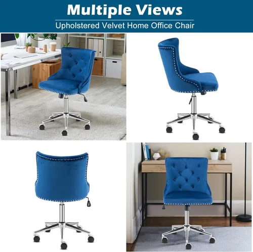 Miniatura 3 de VINGLI Silla de Escritorio de Terciopelo Azul Marino sin Brazos para Oficina en Casa con Base/Ruedas Doradas, Linda Silla de Tocador/Maquillaje