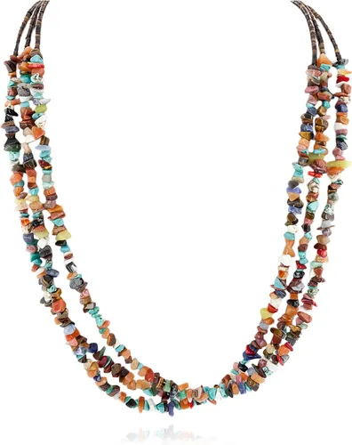 $370Tag Collar de 3 hebras Certificado Plata Navajo Multicolor Piedras Nativas 15486-100 Hecho por Loma Siiva, Metal Piedra