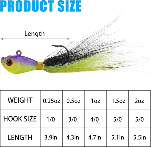 Miniatura 3 de Bucktail Jigs - Señuelo de agua salada para platija de bajo, 5 piezas de cola de cubo para cabello de cola de cubo, anzuelos de cola de cubo