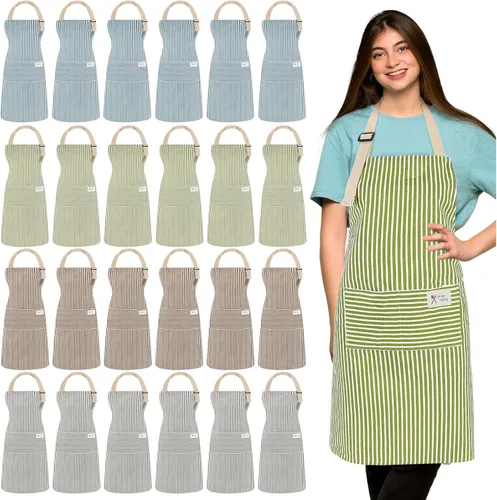 Miniatura 19 de Janmercy 24 delantales para mujeres y hombres con 2 bolsillos, delantal de cocina de lino, delantal ajustable para chef, delantales a granel unisex