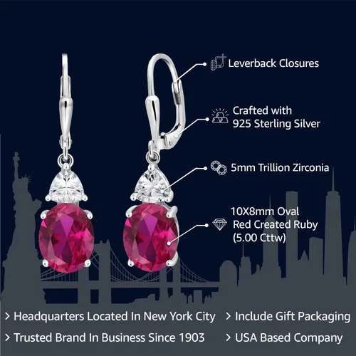 Miniatura 2 de Gem Stone King 4-6 Cttw Leverback Dangle Earrings For Women Gemstone Birthstone 925 Sterling Silver Oval 10X8MM Trillion 5MM Elegant Drop
