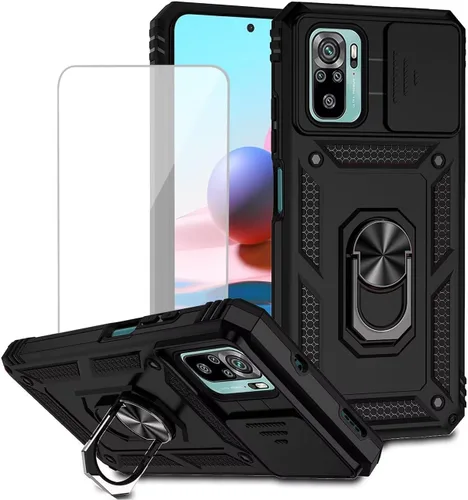 Funda para Redmi Note 10/Redmi Note 10S/Poco M5S con protector de pantalla de vidrio templado y cubierta de cámara deslizante, anillo magnético Negro