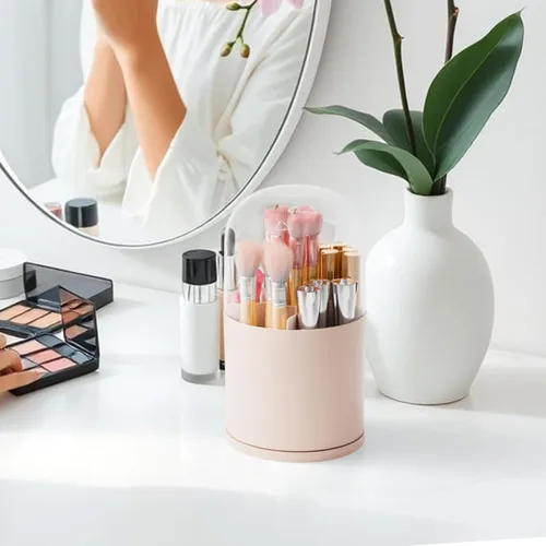 Miniatura 8 de Yieach Soporte giratorio de acrílico para brochas de maquillaje con tapa para tocador, baño, encimera, organizador de brochas de maquillaje Rosa