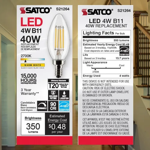 Miniatura 8 de Satco Lámpara LED, S21264 4B11/LED/927/CL/120V/E12, bombilla B11 de 4 W, transparente; base de candelabro; 90 CRI; 2700 K; 120 voltios