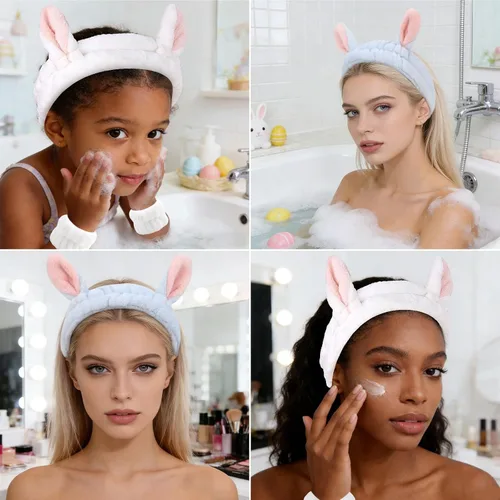 Miniatura 5 de YISSION Lindo juego de diadema y pulsera de conejo para mujeres y niñas, diadema de maquillaje de felpa suave con toallas de muñeca para lavado