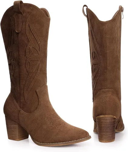 Miniatura 6 de SHIBEVER Botas vaqueras para mujer 2025 botas vaqueras negras a media pantorrilla, botas vaqueras bordadas occidentales de tacón alto con punta