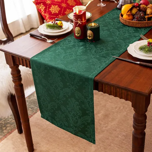 Joyfol Day Camino de mesa de Navidad verde de jacquard, camino de mesa floral damasquino impermeable para fiesta de invierno de Navidad, decoración