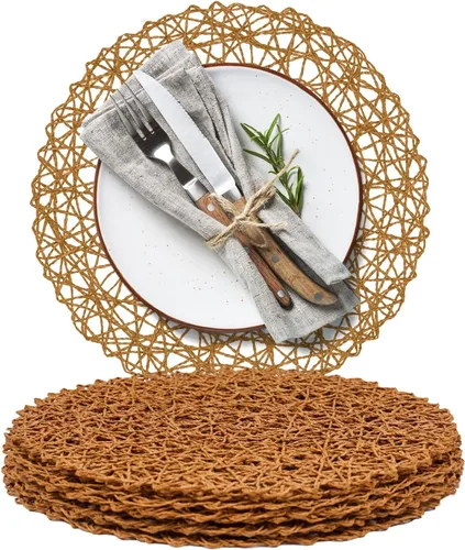 Miniatura 19 de AHHFSMEI Juego de 6 manteles individuales redondos trenzados de papel, naturales, antideslizantes, resistentes al calor, para mesas de comedor, Beige