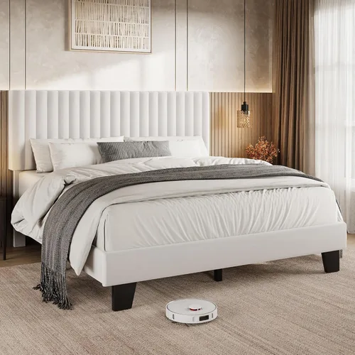 Miniatura 13 de Einhomn Base de cama tamaño Queen con cabecero, base de cama tapizada de lino con listones de madera maciza, sin ruido, no necesita somier, fácil