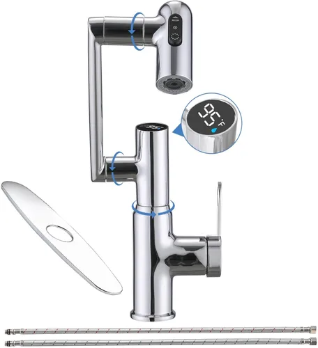 Miniatura 14 de Grifo de baño, grifos giratorios con pantalla de temperatura en grados Celsius (sin baterías), 3 modos de salida de agua, grifo de un solo orificio