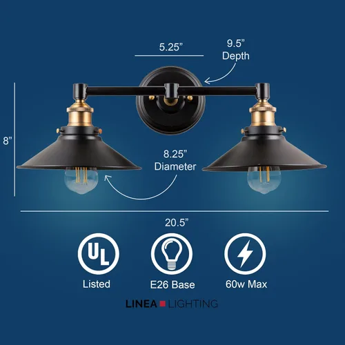 Miniatura 3 de Linea di Liara Andante - Lámpara de tocador de baño con 2 luces, industrial, dorada y negra mate, lámpara sobre espejo, luces de tocador de casa
