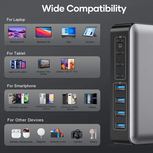 Miniatura 4 de Bloque de carga rápida USB C de 200 W, estación de carga de 8 puertos para iPhone/iPad/MacBook, caja de cargador 4C4A GaN, cargadores múltiples