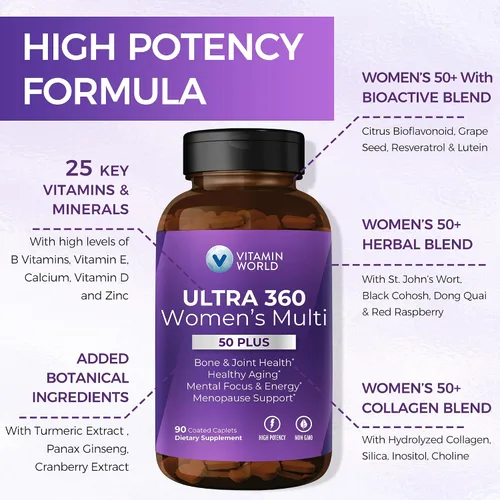 Miniatura 3 de Vitamin World Ultra 360 Multivitamínico para mujeres 50 Plus, multivitamínico para mujeres 50+ con minerales y hierbas para apoyo a la menopausia