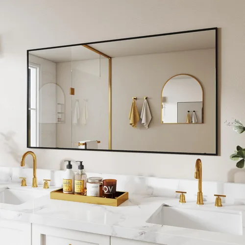 Miniatura 10 de Espejo de baño con marco de metal negro mate, espejo rectangular de tocador de 55 x 36 pulgadas, espejo de pared rectangular grande, antioxidante