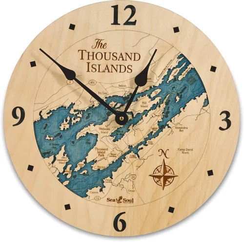 Sea & Soul Thousand Islands - Reloj de pared de 12 pulgadas, hecho a mano en los Estados Unidos, reloj topográfico de mapa de agua, reloj de pared
