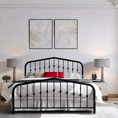 AMBEE21 Golden Gate - Base de cama de metal con cabecera y estribo de hierro forjado victoriano antiguo (negro, matrimonial, Washington)