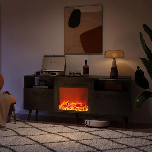 Miniatura 7 de WLIVE Soporte de TV con chimenea para TV de 55 y 65 pulgadas, centro de entretenimiento de mediados de siglo con chimenea eléctrica, consola de TV