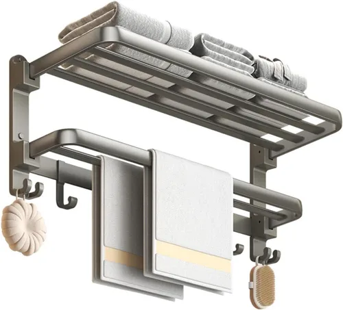 Miniatura 10 de Toallero de pared negro mate, sin taladro ni tornillo, longitud de la ducha de baño, barra de toalla doble de 24 pulgadas con estante para toallas