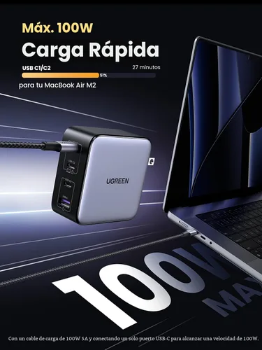 Miniatura 2 de UGREEN Nexode Cargador USB C GaN de 100W, Adaptador de Corriente Rápido Compacto Plegable de 4 Puertos para Cargador de Laptop para MacBook Pro/Air