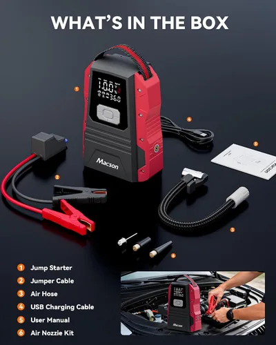 Miniatura 9 de Arrancador de salto de 5000 A con compresor de aire, batería portátil de 12 V para motores diésel de 9.0 L/8.0 L, arrancador de coche portátil