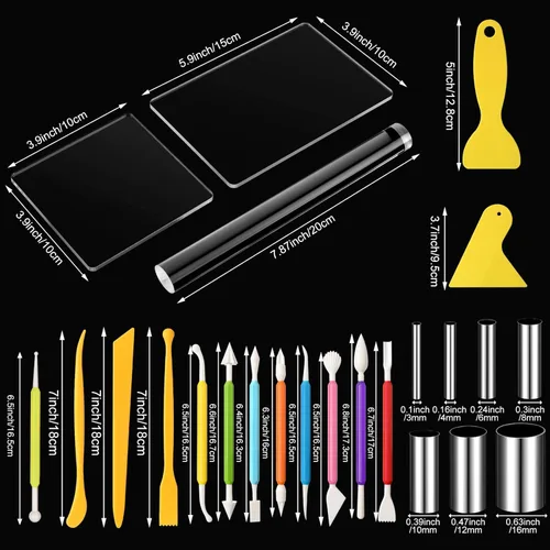 Miniatura 3 de Honoson Juego de 24 piezas de herramientas para esculpir arcilla, juegos de herramientas de arcilla polimérica, set de bricolaje con rodillo, lámina