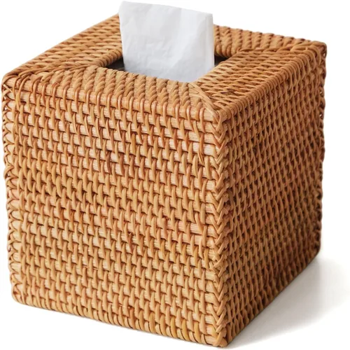 Miniatura 15 de Funda cuadrada de mimbre para caja de pañuelos, cajas de pañuelos faciales, caja de servilletas tejida a mano para baño, dormitorio, oficina, mesa