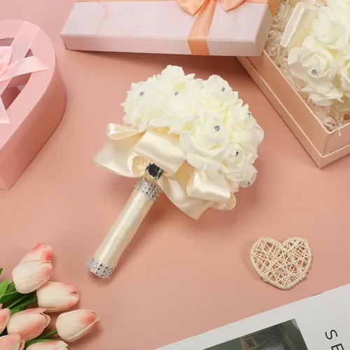 Miniatura 4 de Jutom Paquete de 10 ramos de boda para novia, rosas de dama de honor, ramo de novia, ramo de flores de boda con cintas suaves de diamante para Crema