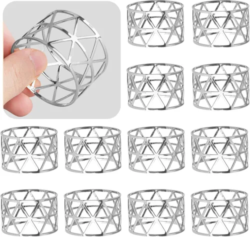12 piezas – Juego de 12 servilleteros plateados, soportes para servilletas para días festivos, aniversario, cumpleaños, cena romántica a la luz de