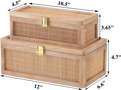 Miniatura 4 de Caja decorativa de bambú natural con tapas, juego de 2 cajas decorativas únicas, caja de recuerdos de boda bohemia, caja de memoria con tapa