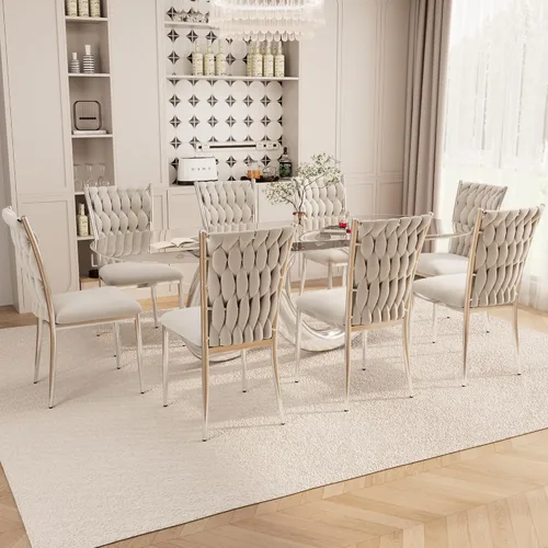 Miniatura 24 de Juego de 2 sillas de comedor de terciopelo, modernas sillas de cocina tejidas con patas de metal dorado, cojín tapizado con respaldo alto