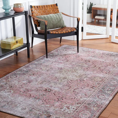Miniatura 9 de SAFAVIEH Alfombra lavable Tucson Collection - 2 pies 6 pulgadas x 4 pies, rosa y beige, antideslizante y fácil de limpiar, ideal para sala de estar